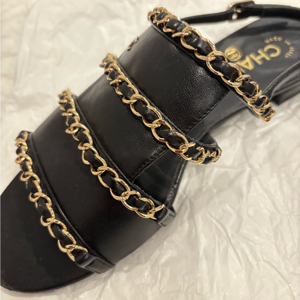 Chanel Black Leather Sandals with Gold Chains-Size 37C - Picture 10 of 12